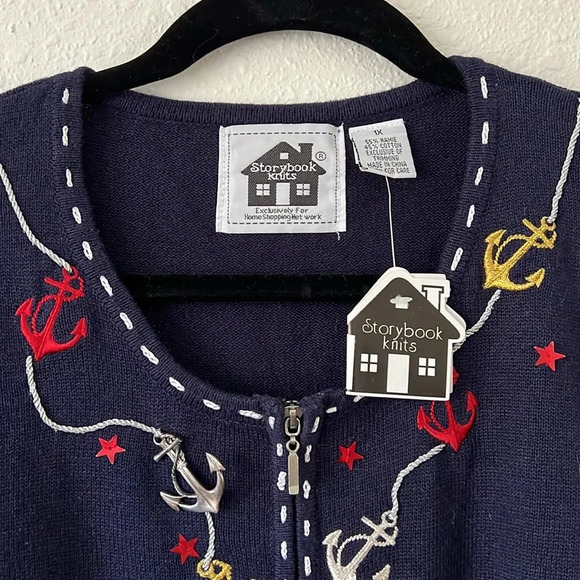 Fisherman Granny Storybook Knit Navy Nautical Anchor Full Zip Cardigan Size 1X - Picture 2 of 7